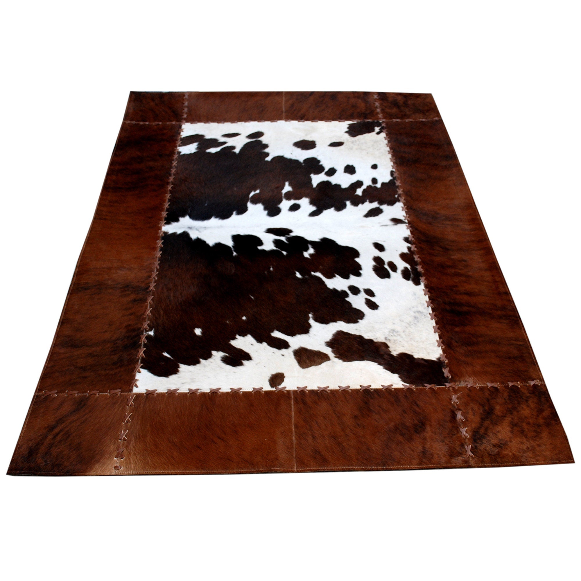 Luxurious Handmade Cowhide Patchwork Rug with Zig Zag Stitching - Unique Leather Area Rug for Home Décor - Customizable Designs Available