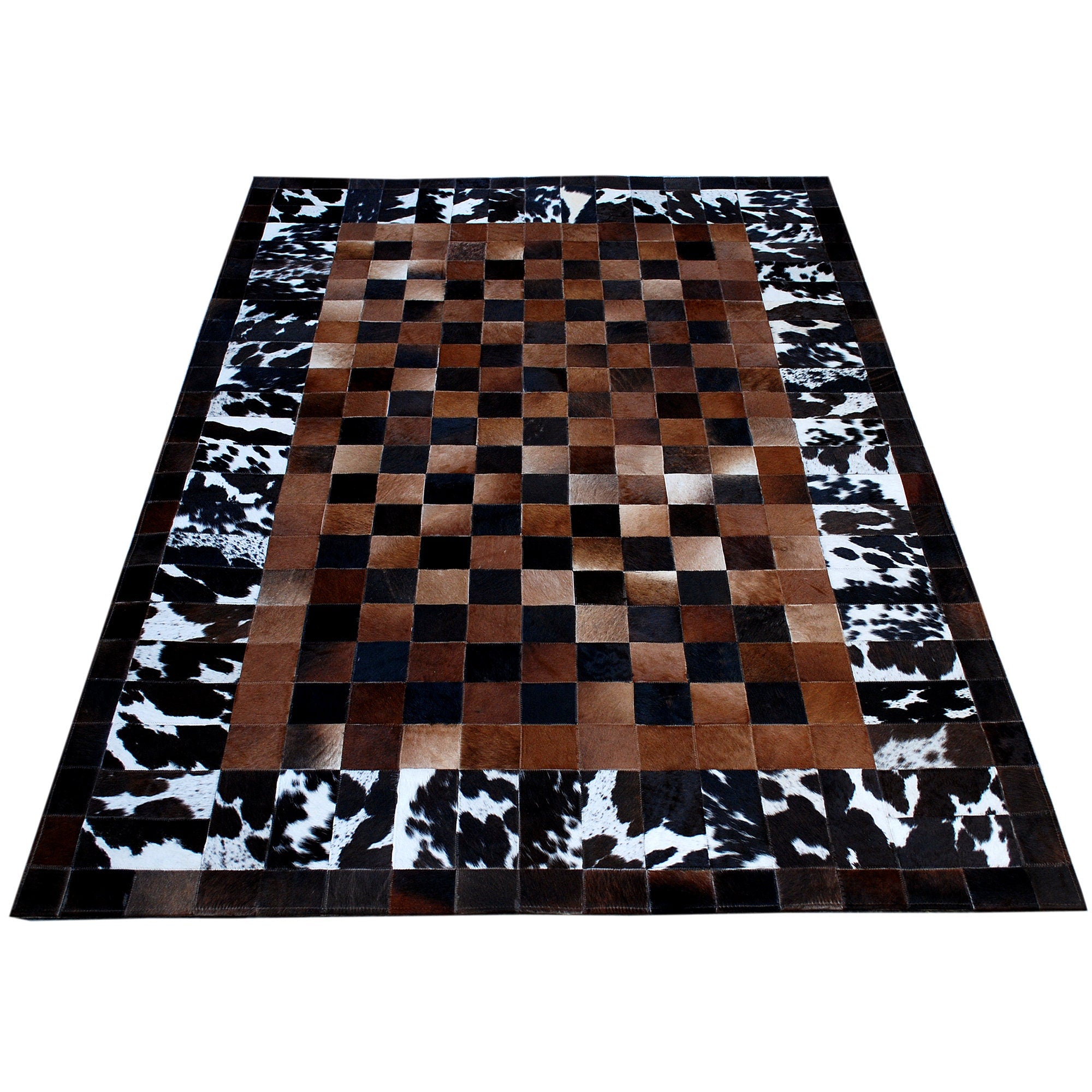 Luxurious Handmade Cowhide Patchwork Rug with Zig Zag Stitching - Unique Leather Area Rug for Home Décor - Customizable Designs Available