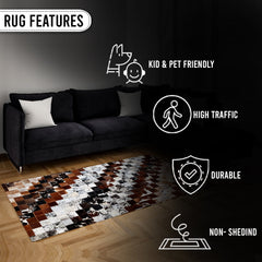 Unique Handmade Cowhide Patchwork Area Rug - Luxurious Leather Home Décor Accent - Zig Zag Stitching - Custom Sizes Available