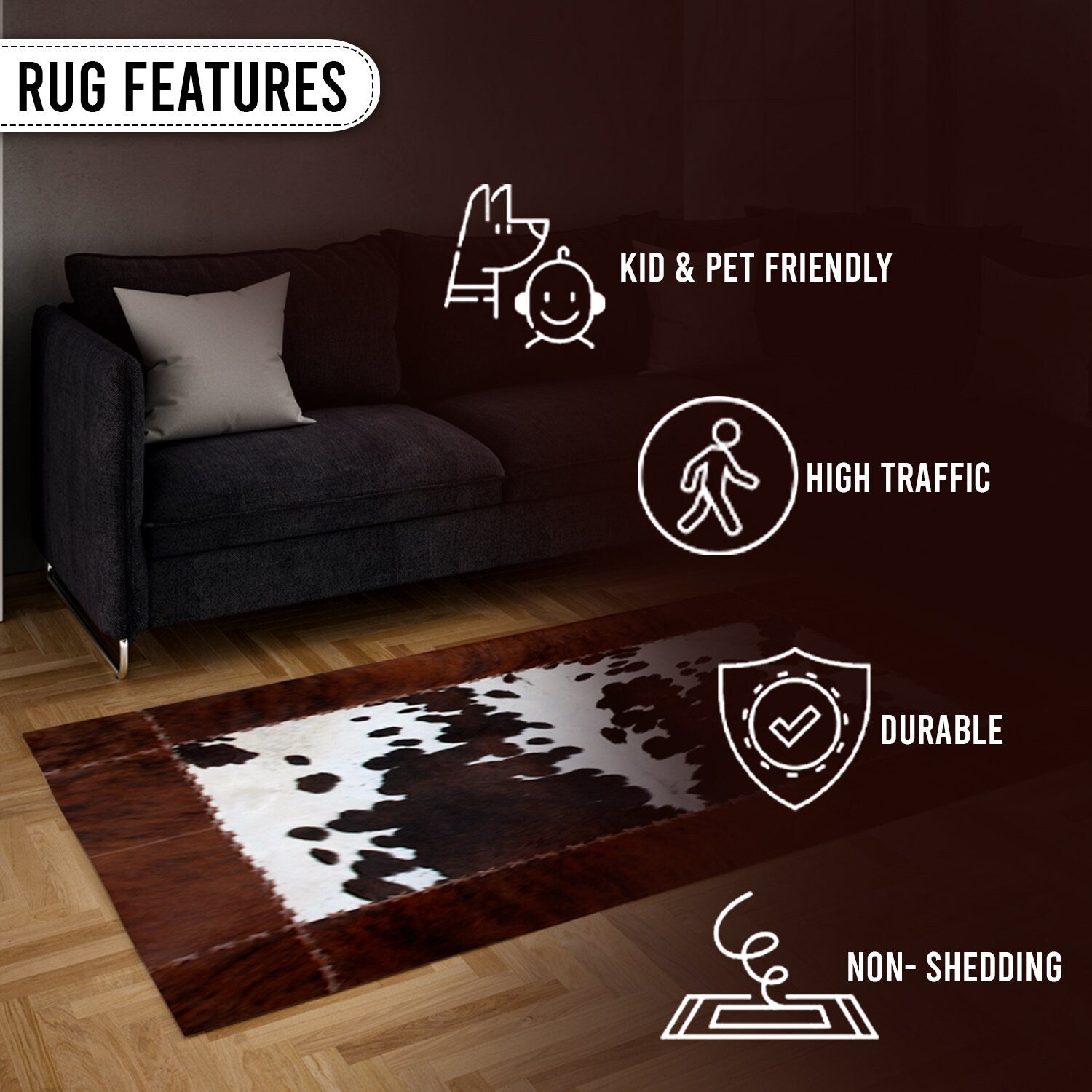 Luxurious Handmade Cowhide Patchwork Rug with Zig Zag Stitching - Unique Home Décor Statement Piece - Genuine Leather Area Rug