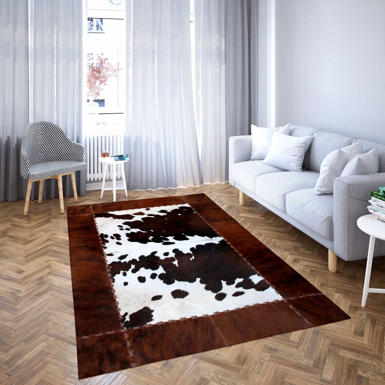 Luxurious Handmade Cowhide Patchwork Rug with Zig Zag Stitching - Unique Home Décor Statement Piece - Genuine Leather Area Rug