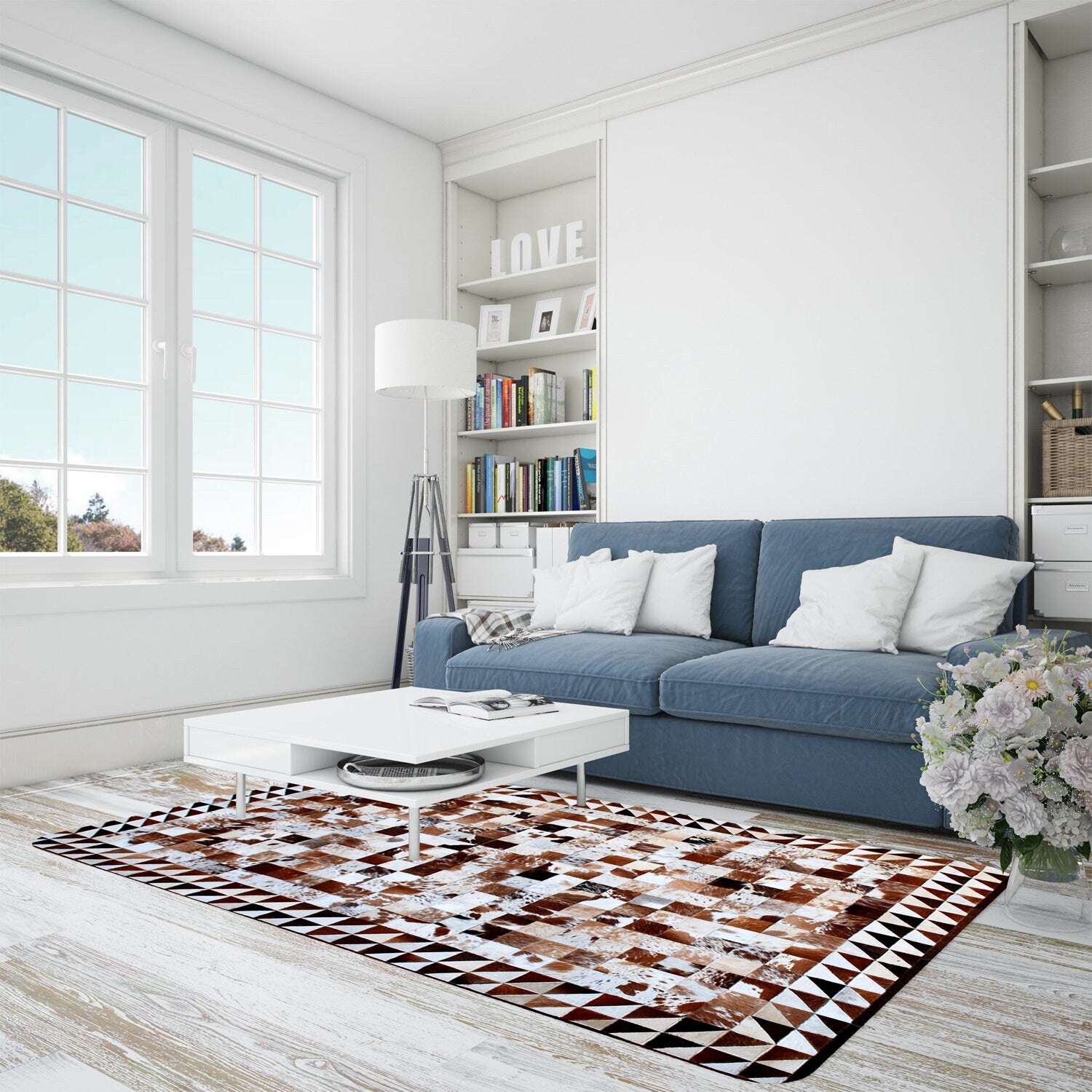 Luxurious Handmade Cowhide Patchwork Rug with Zig Zag Stitching - Unique & Functional Home Decor Accent