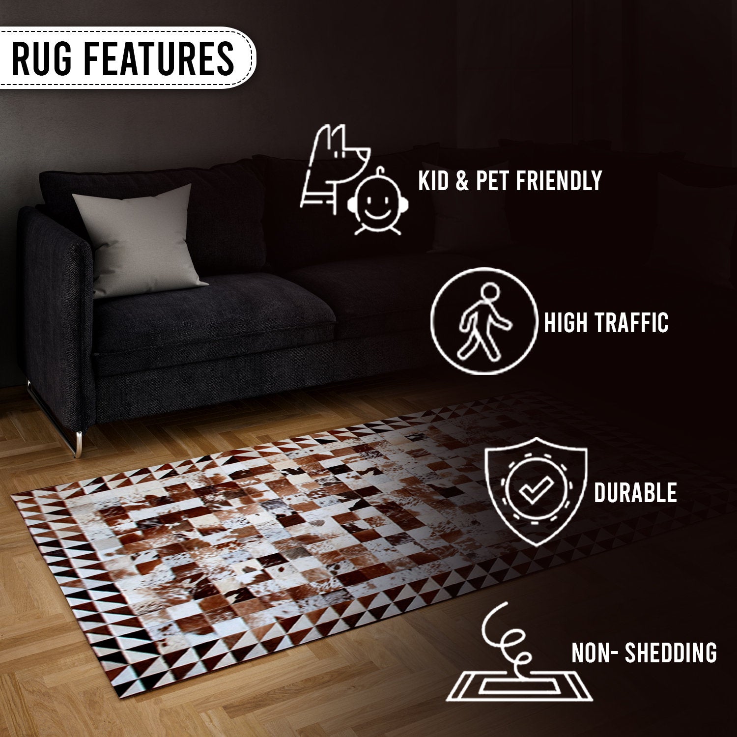 Luxurious Handmade Cowhide Patchwork Rug with Zig Zag Stitching - Unique & Functional Home Decor Accent