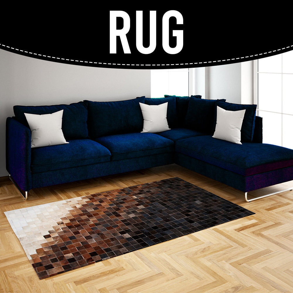 Luxurious Handmade Cowhide Patchwork Rug - Unique Natural Leather Home Decor Piece with Zig Zag Stitching & Lined Detail - Celestial Leather Limited