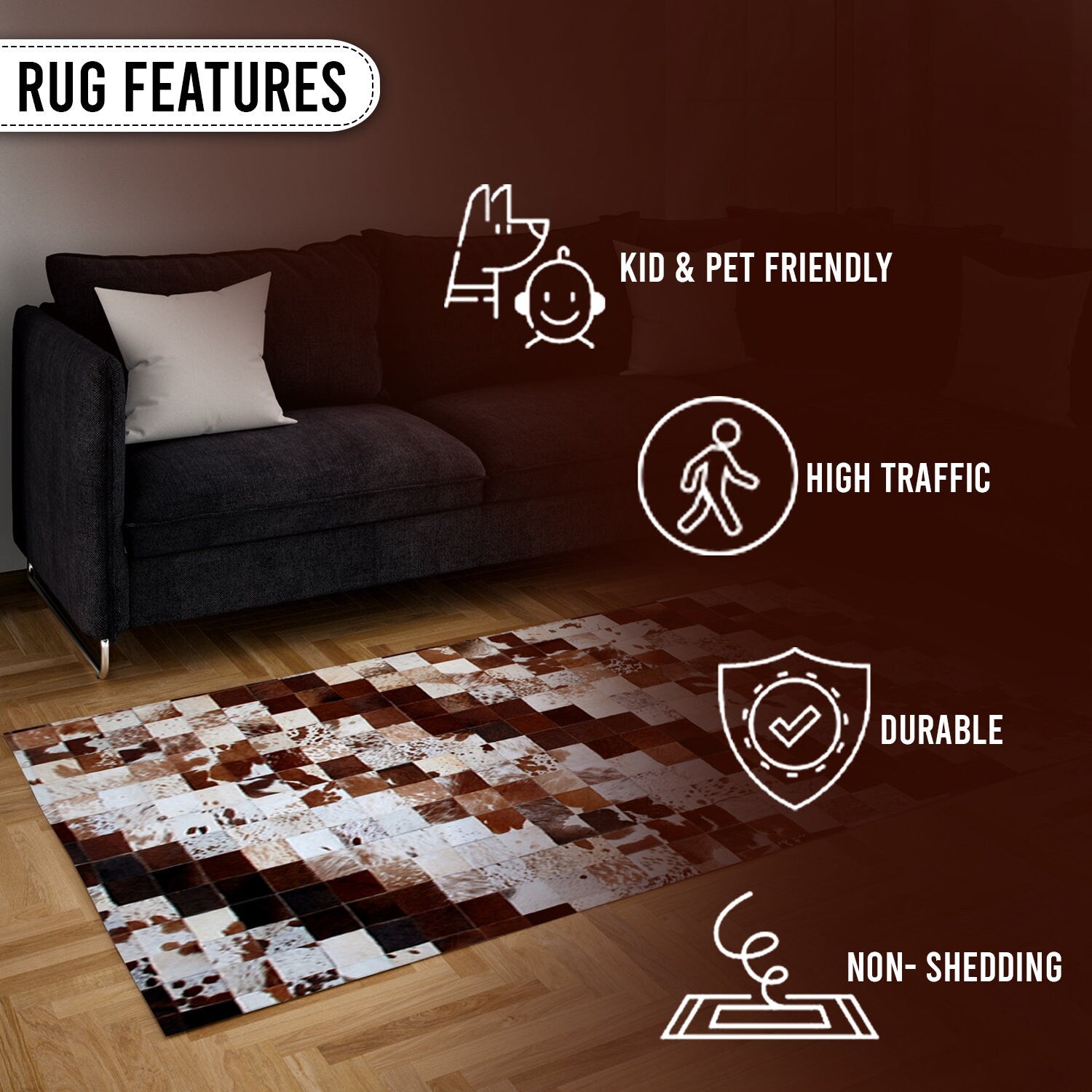Luxurious Handmade Cowhide Patchwork Rug - Unique Home Décor Accent with Genuine Leather for Living Room or Bedroom - Custom Sizes - Celestial Leather Limited