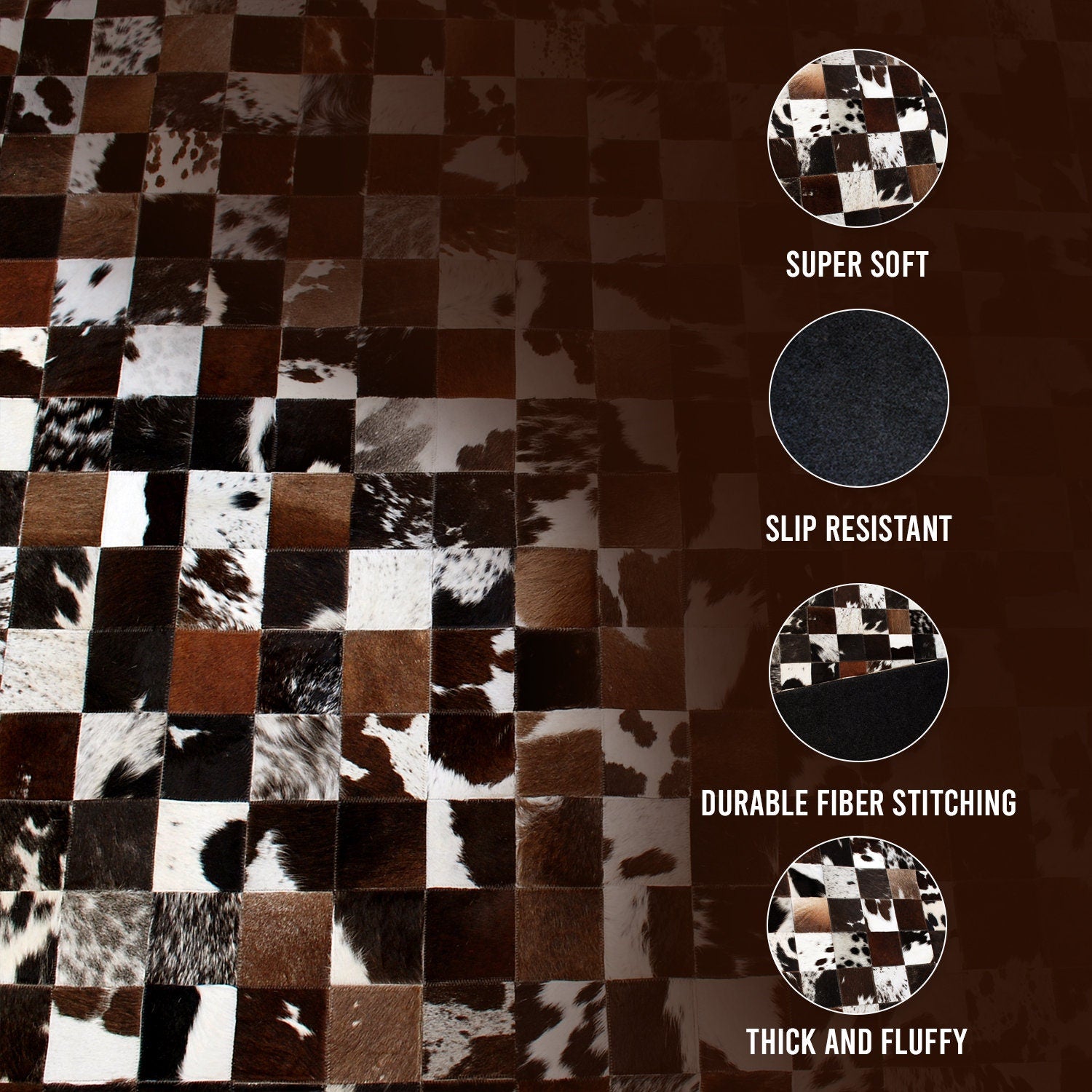 Luxurious Handmade Natural Cowhide Patchwork Rug for Home Décor - Unique & Practical Area Rug with Zig Zag Stitching and Natural Leather