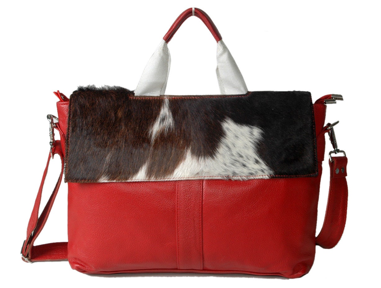 Luxury Cowhide Leather Hair On Laptop Bag Briefcase - Stylish Unisex Business Messenger Bag with Eco-Friendly Design