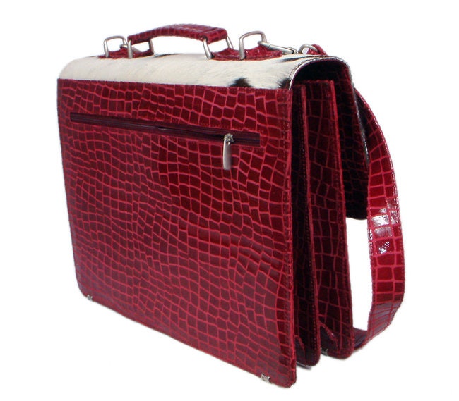 Stunning Black N White Cowhide Shoulder Bag with Red Crocodile Print Strap - Handmade Leather Bag with Celestial Leather Hide - Unique - Celestial Leather Limited