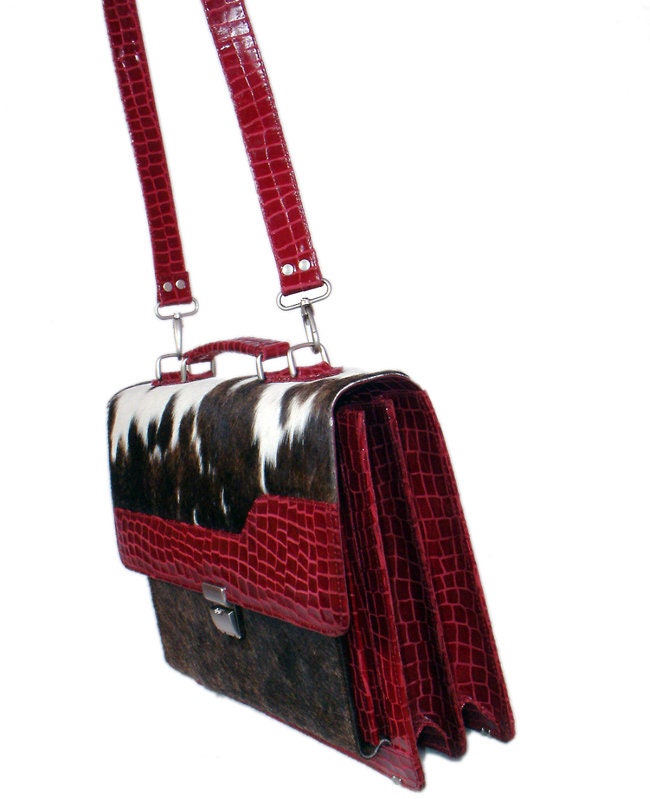 Stunning Black N White Cowhide Shoulder Bag with Red Crocodile Print Strap - Handmade Leather Bag with Celestial Leather Hide - Unique - Celestial Leather Limited