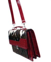 Stunning Black N White Cowhide Shoulder Bag with Red Crocodile Print Strap - Handmade Leather Bag with Celestial Leather Hide - Unique - Celestial Leather Limited
