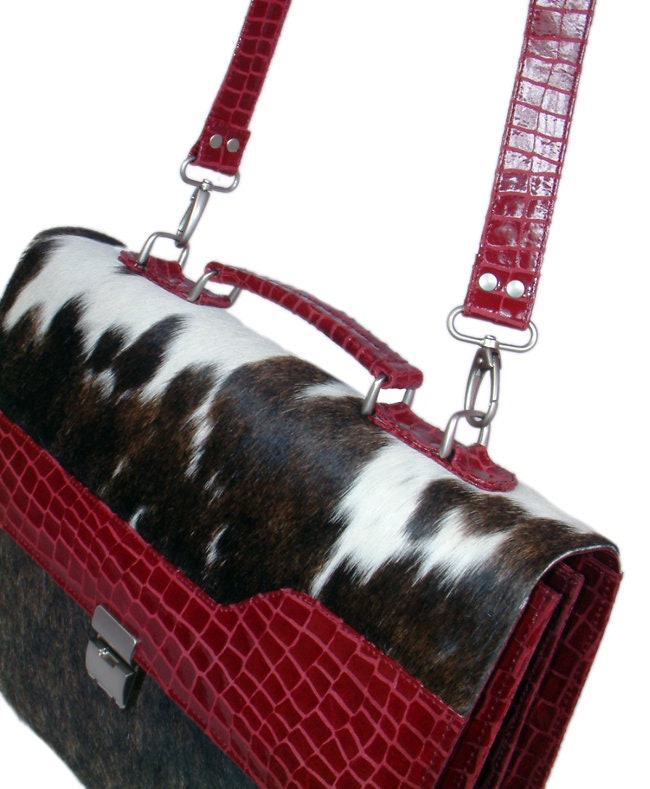 Stunning Black N White Cowhide Shoulder Bag with Red Crocodile Print Strap - Handmade Leather Bag with Celestial Leather Hide - Unique - Celestial Leather Limited