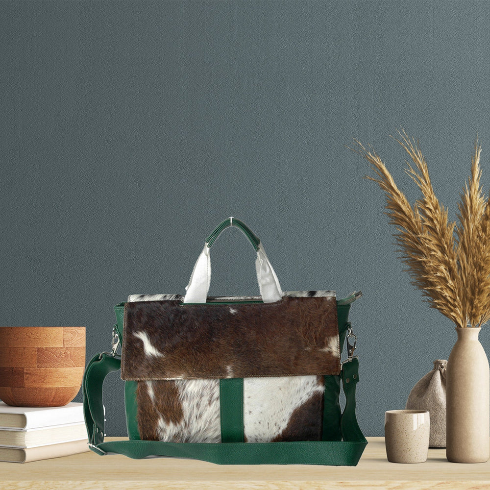Stylish Brown And White Texture Laptop Bag With Soft Natural Fur Green Straps Business Briefcase DSC-0595 - Celestial Leather Limited