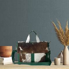 Stylish Brown And White Texture Laptop Bag With Soft Natural Fur Green Straps Business Briefcase DSC-0595 - Celestial Leather Limited