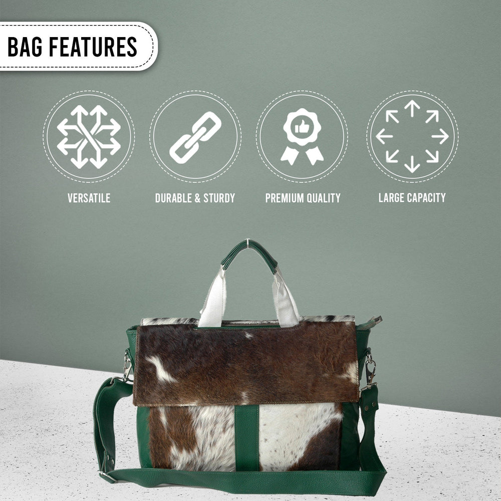 Stylish Brown And White Texture Laptop Bag With Soft Natural Fur Green Straps Business Briefcase DSC-0595 - Celestial Leather Limited