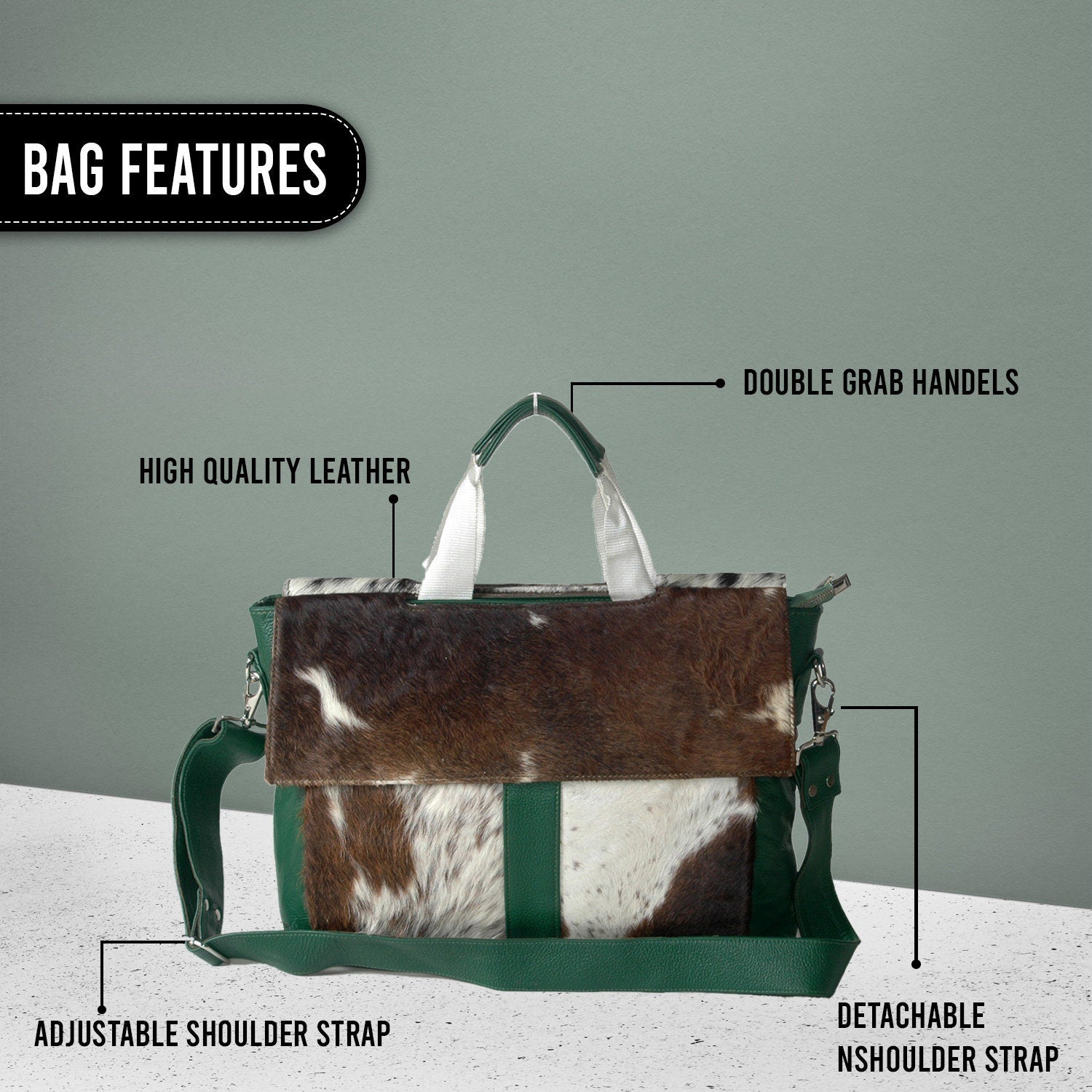 Stylish Brown And White Texture Laptop Bag With Soft Natural Fur Green Straps Business Briefcase DSC-0595 - Celestial Leather Limited