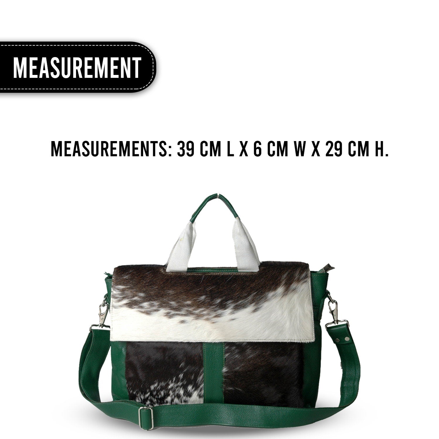 Luxury Business Briefcase with Natural Cowhide Leather Hair and Attractive Green Straps, Messenger Bag for Laptop, Unique Animal Print