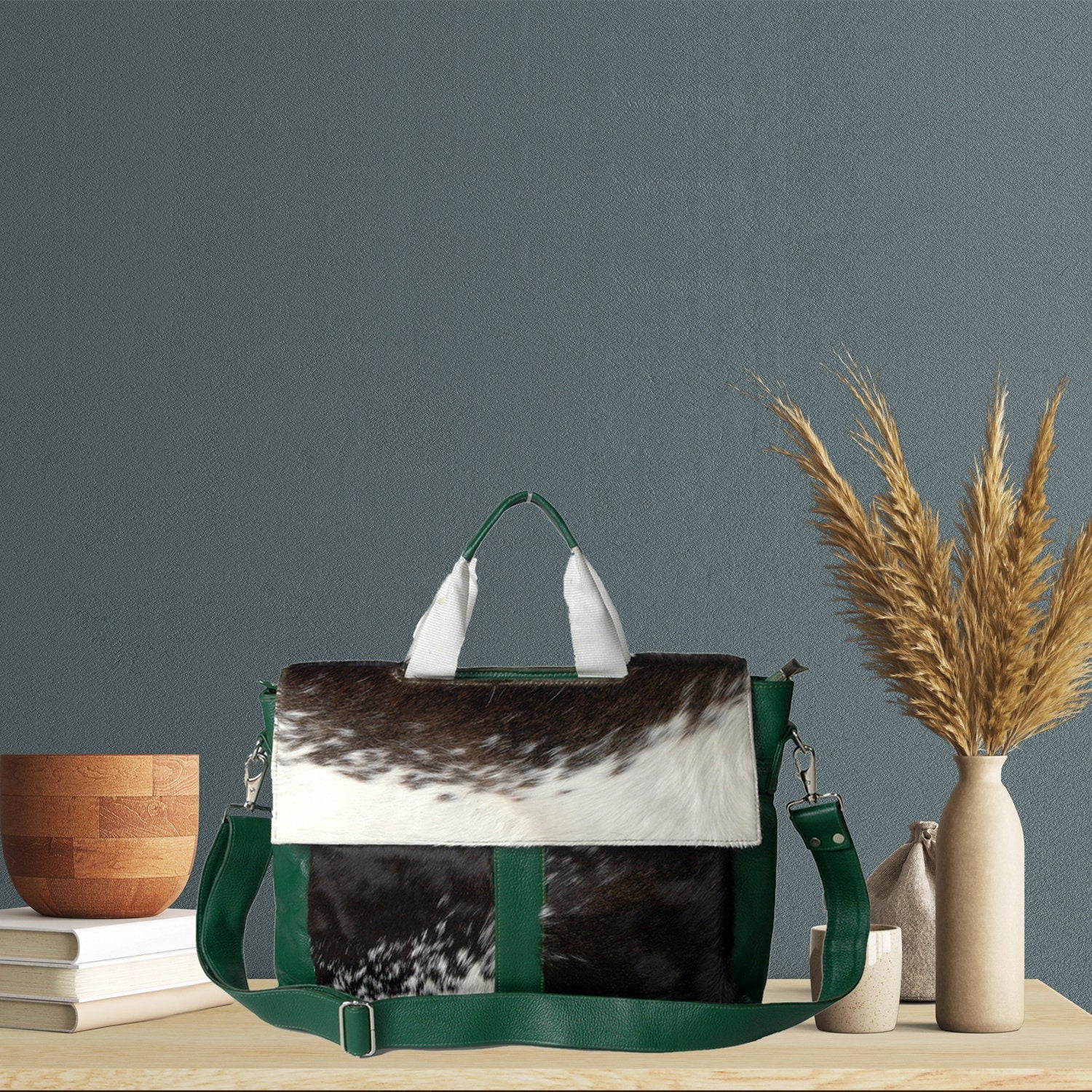 Luxury Business Briefcase with Natural Cowhide Leather Hair and Attractive Green Straps, Messenger Bag for Laptop, Unique Animal Print