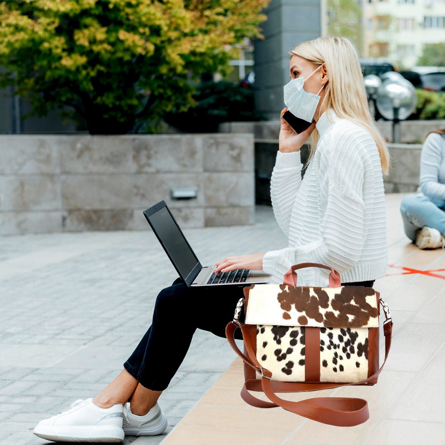 Stylish Cowhide Laptop Bag with Natural Hair & Leather Straps - Environmentally Friendly Briefcase for Business - Travel - Celestial Leather Limited