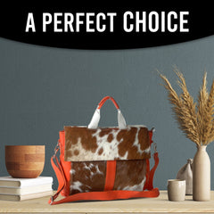 Statement-making Cow Skin Laptop Bag with Eye-Catching Orange Straps – Stylish, Functional, & Environmentally Friendly!