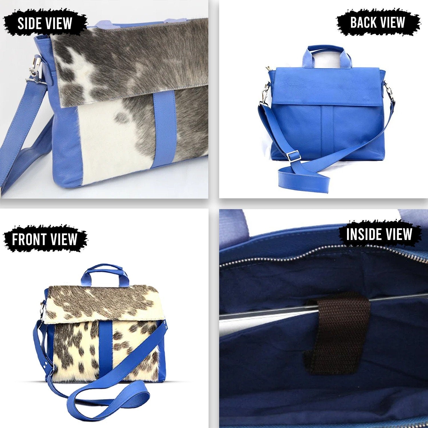 Stylish Cowhide Hair On Laptop Bag with Unisex Briefcase Business Appeal & Eco-Friendly Materials - Blue, Black - White Animal Print