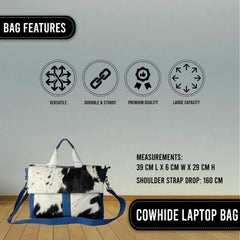 Stylish Cowhide Leather Laptop Bag with Blue Straps & Natural Hairs – Eco-Friendly - Functional Messenger Bag for Ladies