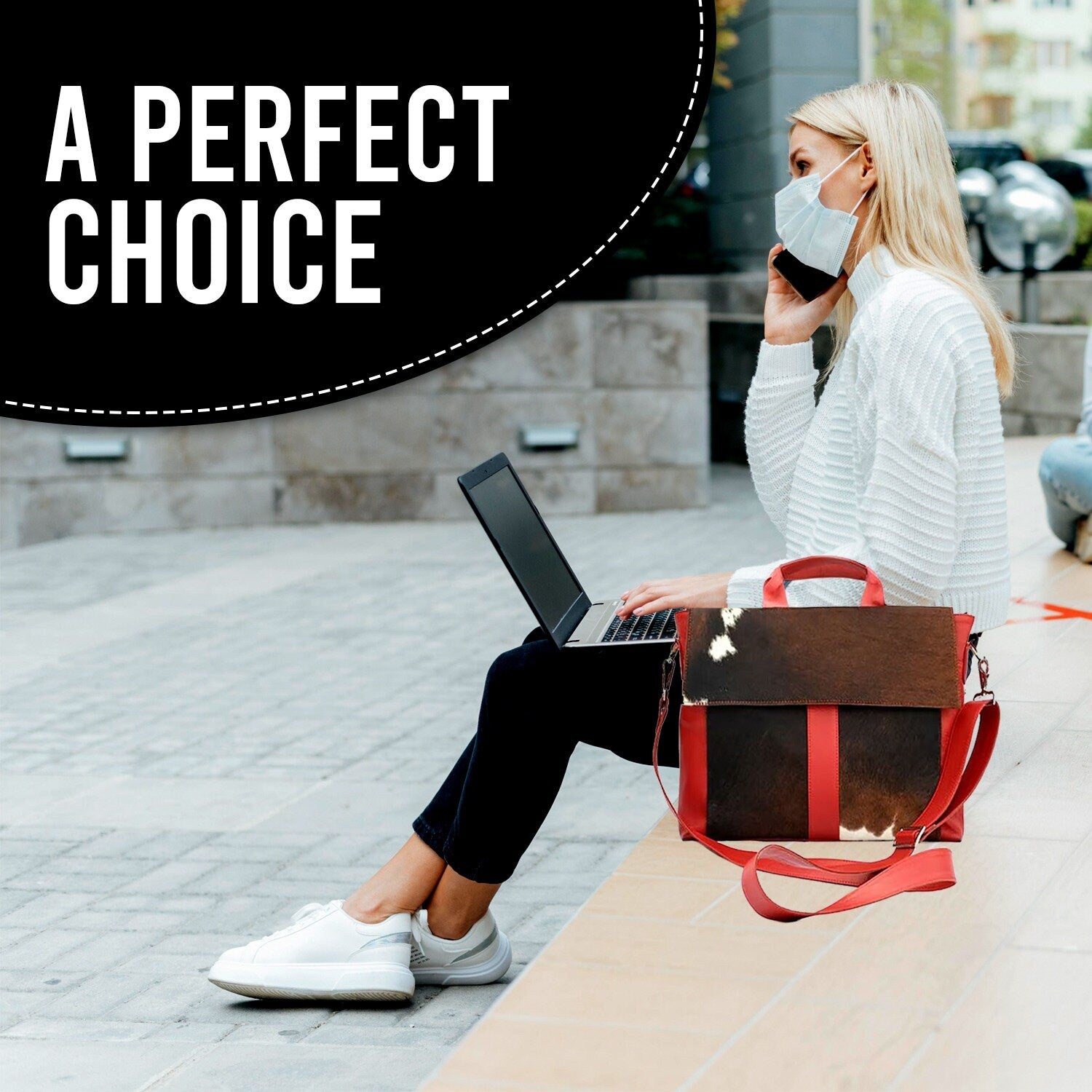 Elegant Natural Cow Hide & Hair On Laptop Bag Briefcase Business Animal Print Portfolio Unisex Messenger Bag - Red Black White