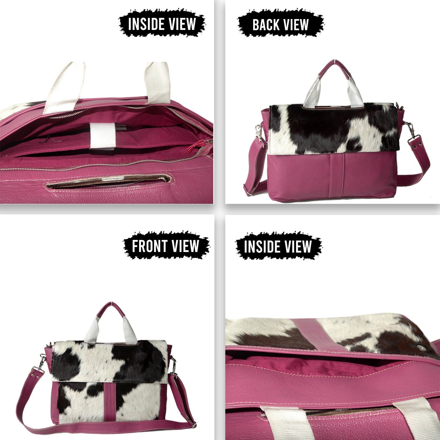 Stylish Cowhide Leather Laptop Bag with Animal Print & Natural Fur - Handcrafted Unisex Messenger Bag for Business - Travel