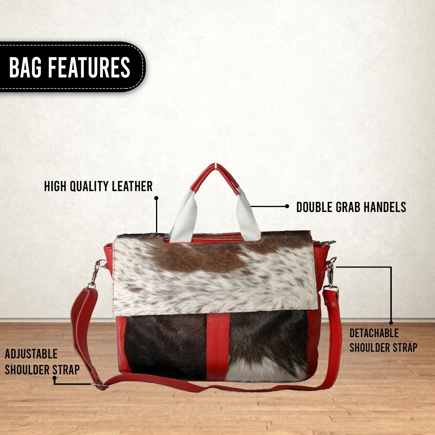 Stylish Cowhide Leather Laptop Bag Messenger Briefcase Animal Print Cowskin Hair on Bag - Sustainable Fashion with Unique Style