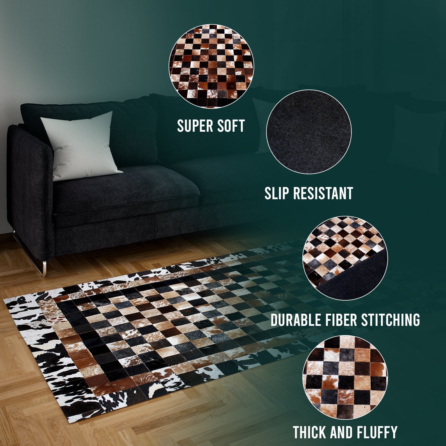 Luxurious Handmade Cowhide Patchwork Rug with Unique Design - Genuine Leather Area Rug for Home Décor & More