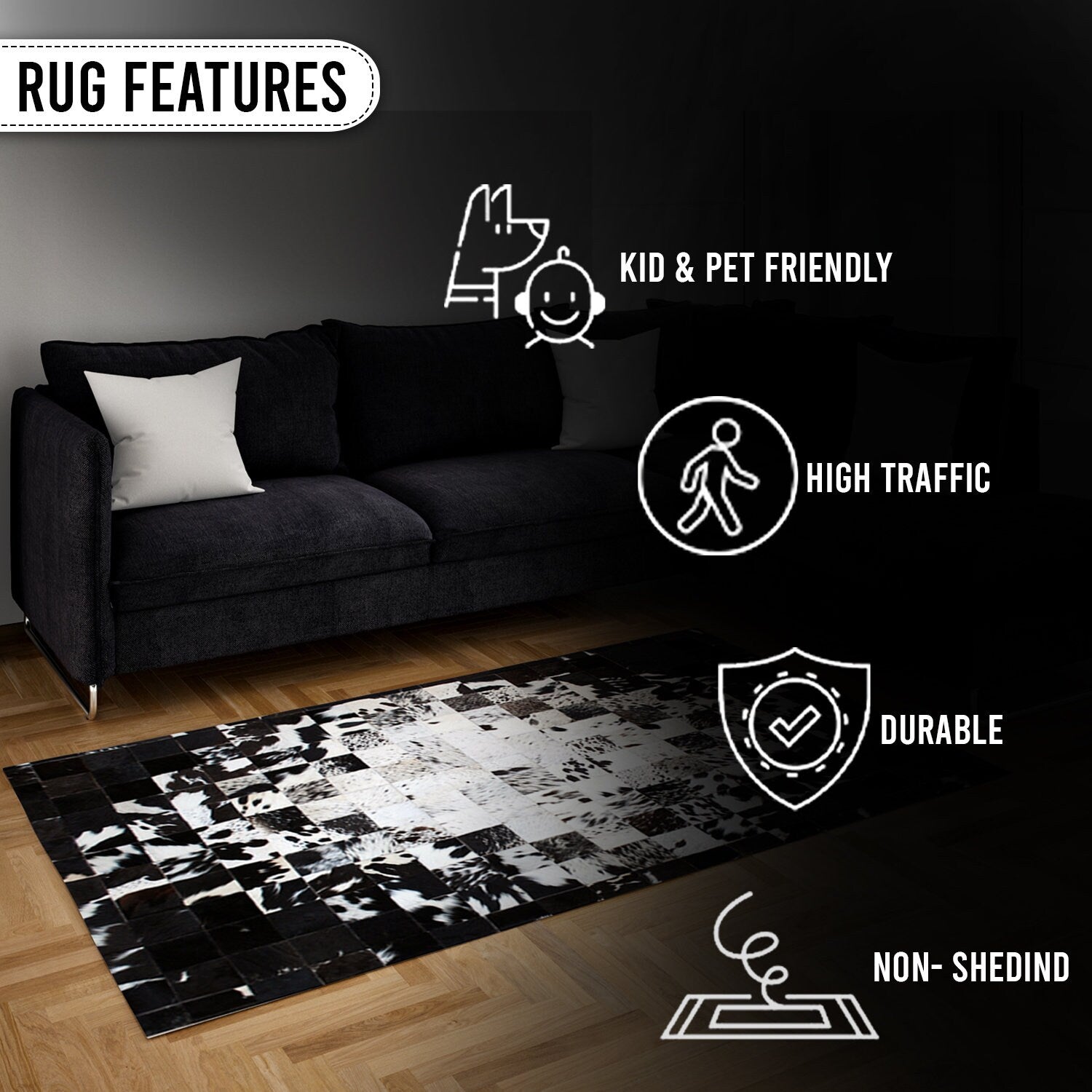 Luxurious Handmade Natural Cowhide Patchwork Rug with Zig Zag Stitching - Unique Home Décor Accent - Custom Sizes Available