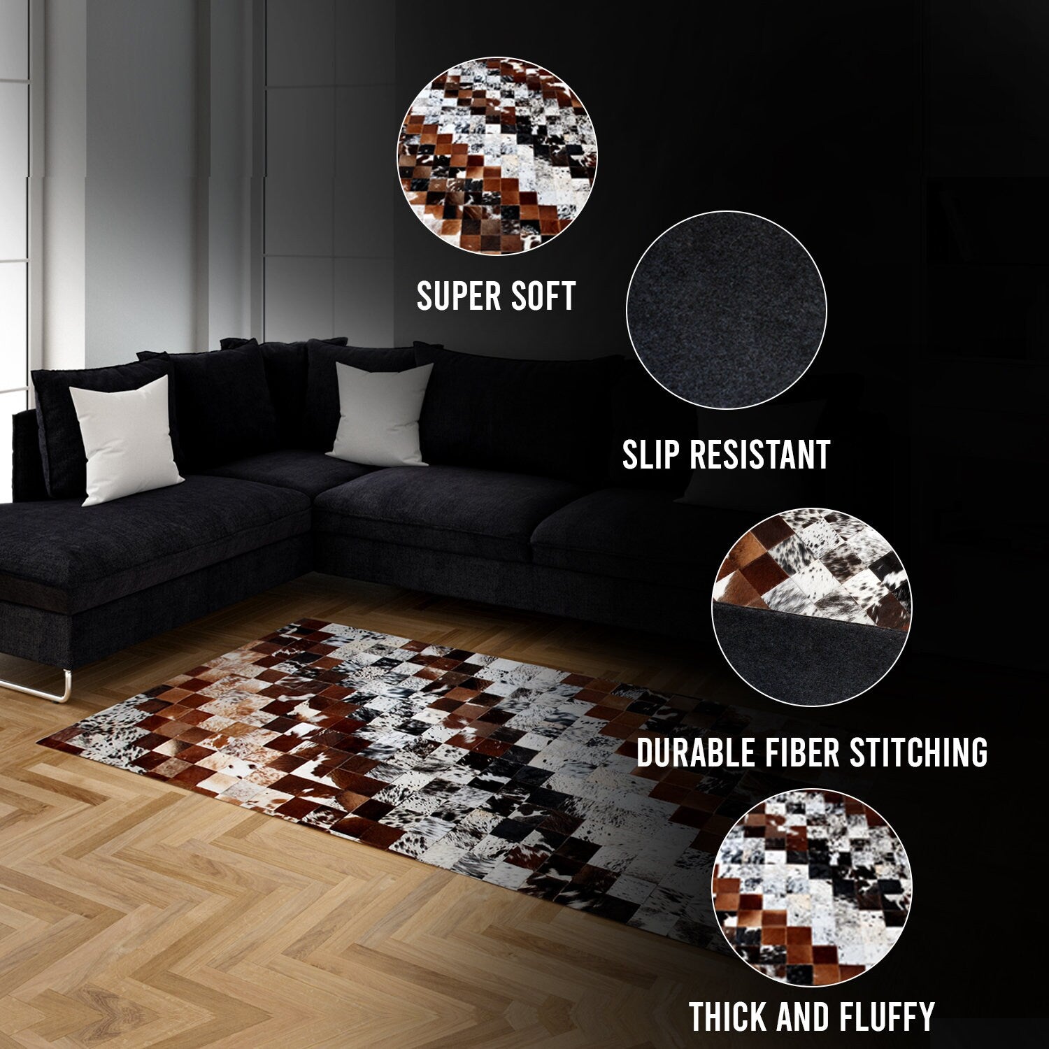 Unique Handmade Cowhide Patchwork Area Rug - Luxurious Leather Home Décor Accent - Zig Zag Stitching - Custom Sizes Available