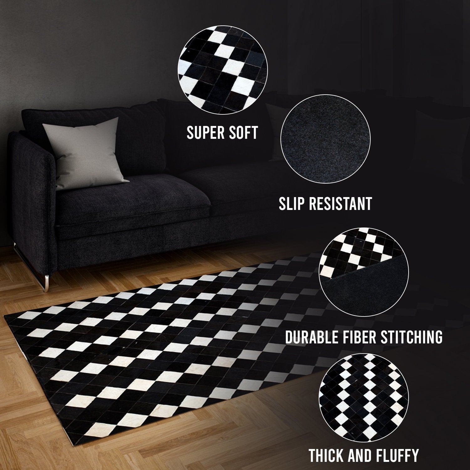 Luxurious Handmade Cowhide Patchwork Rug - Unique Natural Cow Skin Home Decor - Zig Zag Stitching - Genuine Leather Area Rug - Custom Sizes - Celestial Leather Limited