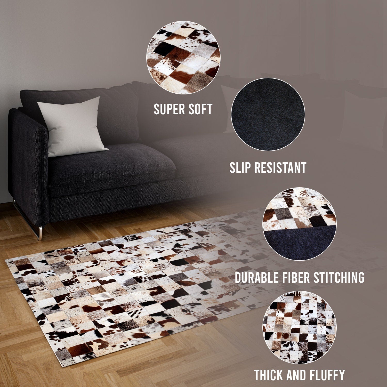 Luxurious Handmade Leather Cowhide Patchwork Rug - Unique Home Décor Accent with Zig Zag Stitching - Natural Cow Skin Area Rug