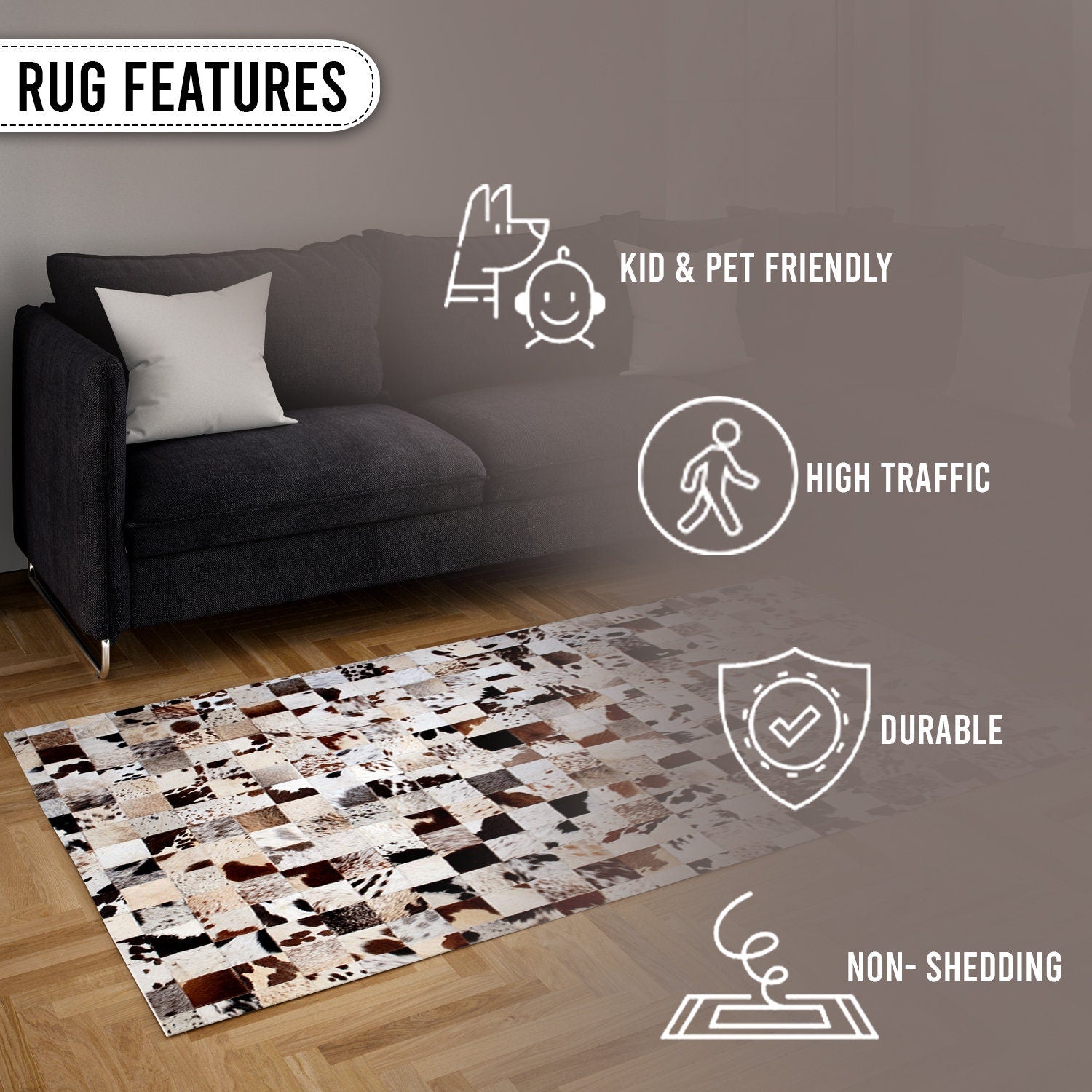Luxurious Handmade Leather Cowhide Patchwork Rug - Unique Home Décor Accent with Zig Zag Stitching - Natural Cow Skin Area Rug
