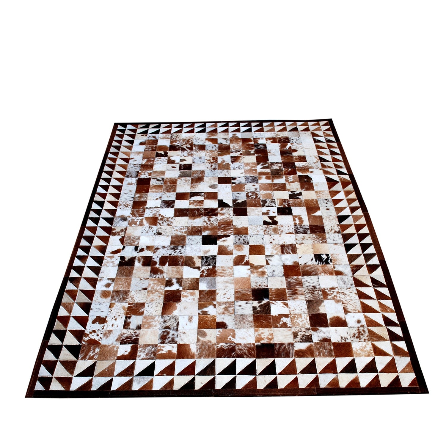 Luxurious Handmade Cowhide Patchwork Rug with Zig Zag Stitching - Unique & Functional Home Decor Accent