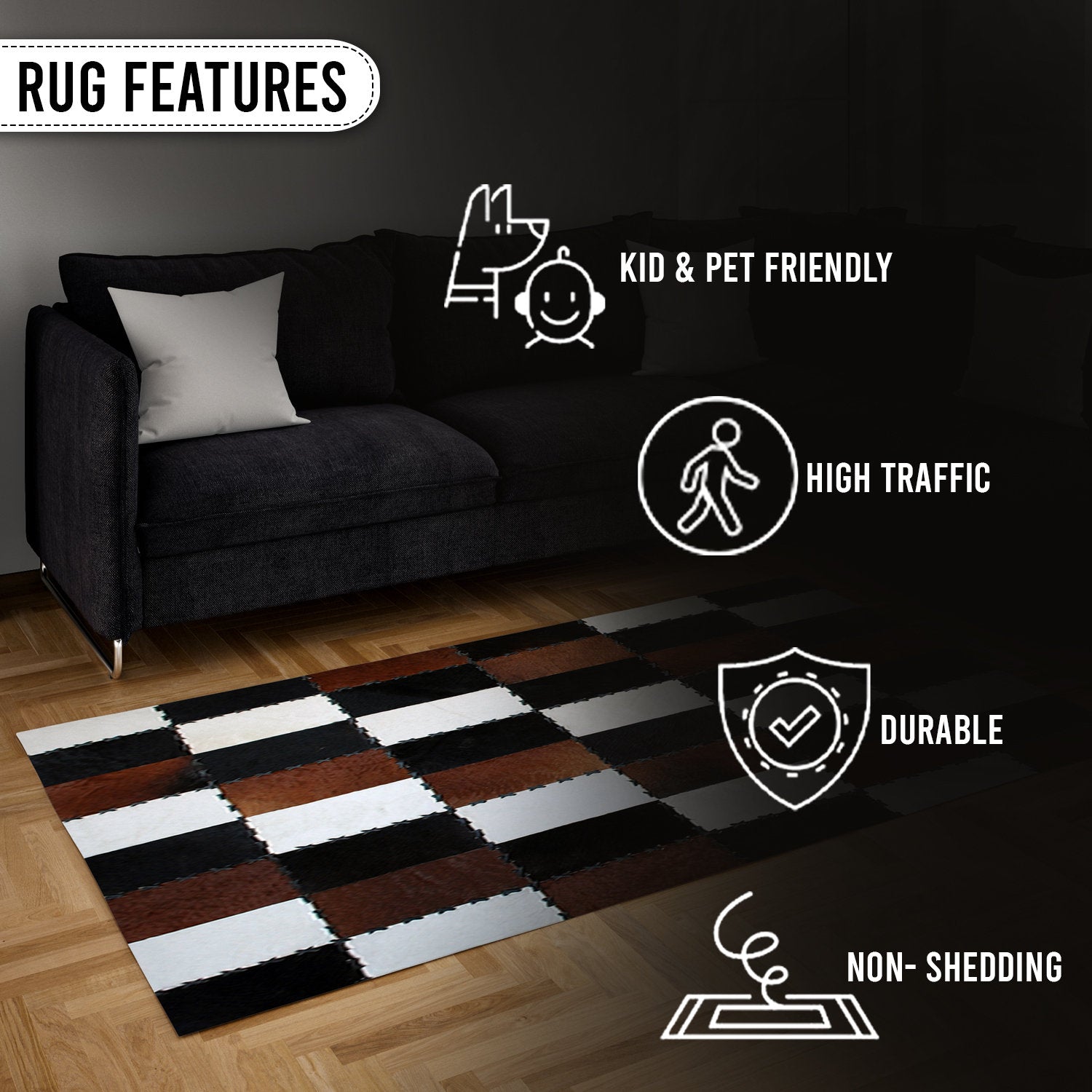 Handmade Genuine Cowhide Patchwork Rug with Zig Zag Stitching - Unique & Luxurious Area Rug for Home Décor - Custom Sizes Available - Celestial Leather Limited
