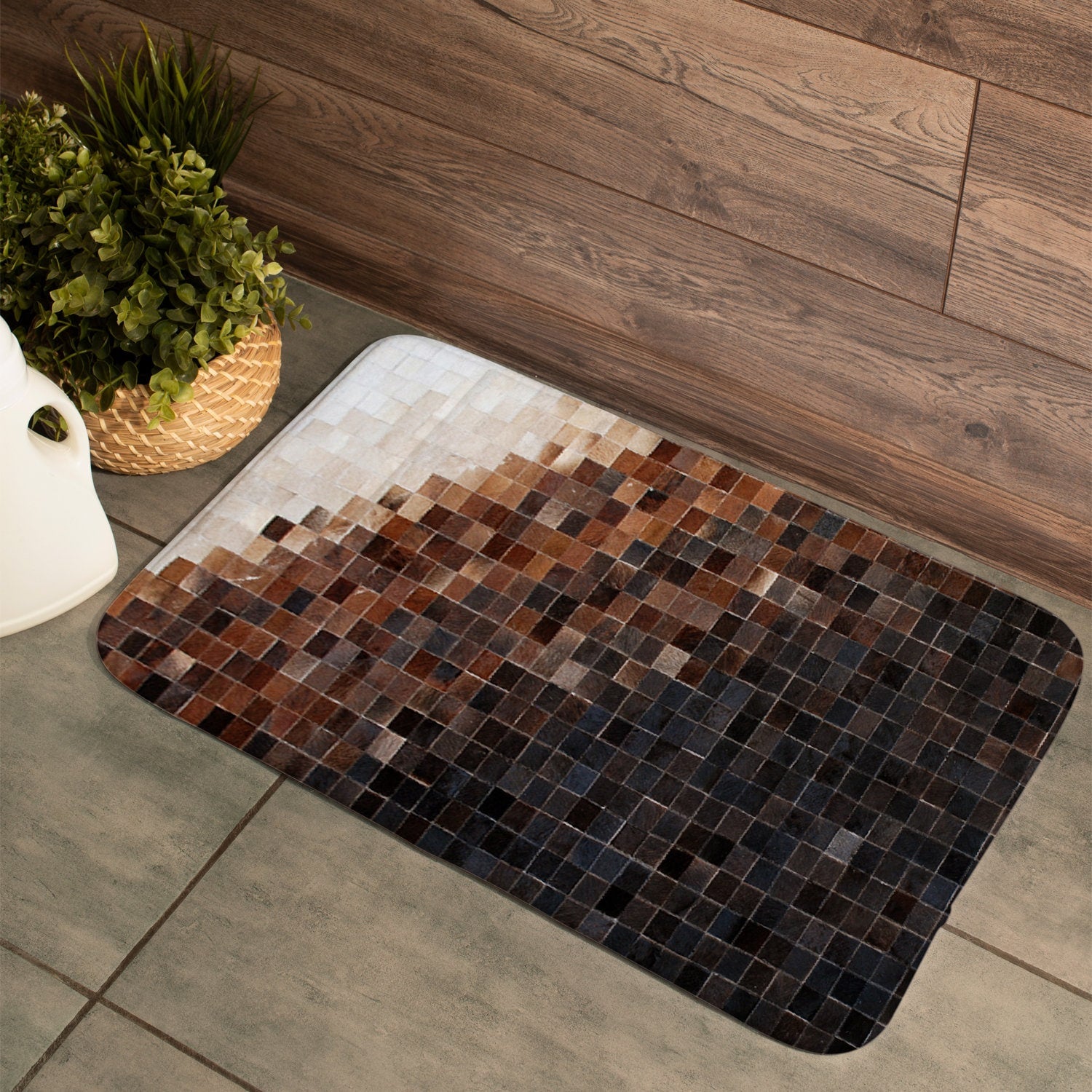 Luxurious Handmade Cowhide Patchwork Rug - Unique Natural Leather Home Decor Piece with Zig Zag Stitching & Lined Detail - Celestial Leather Limited