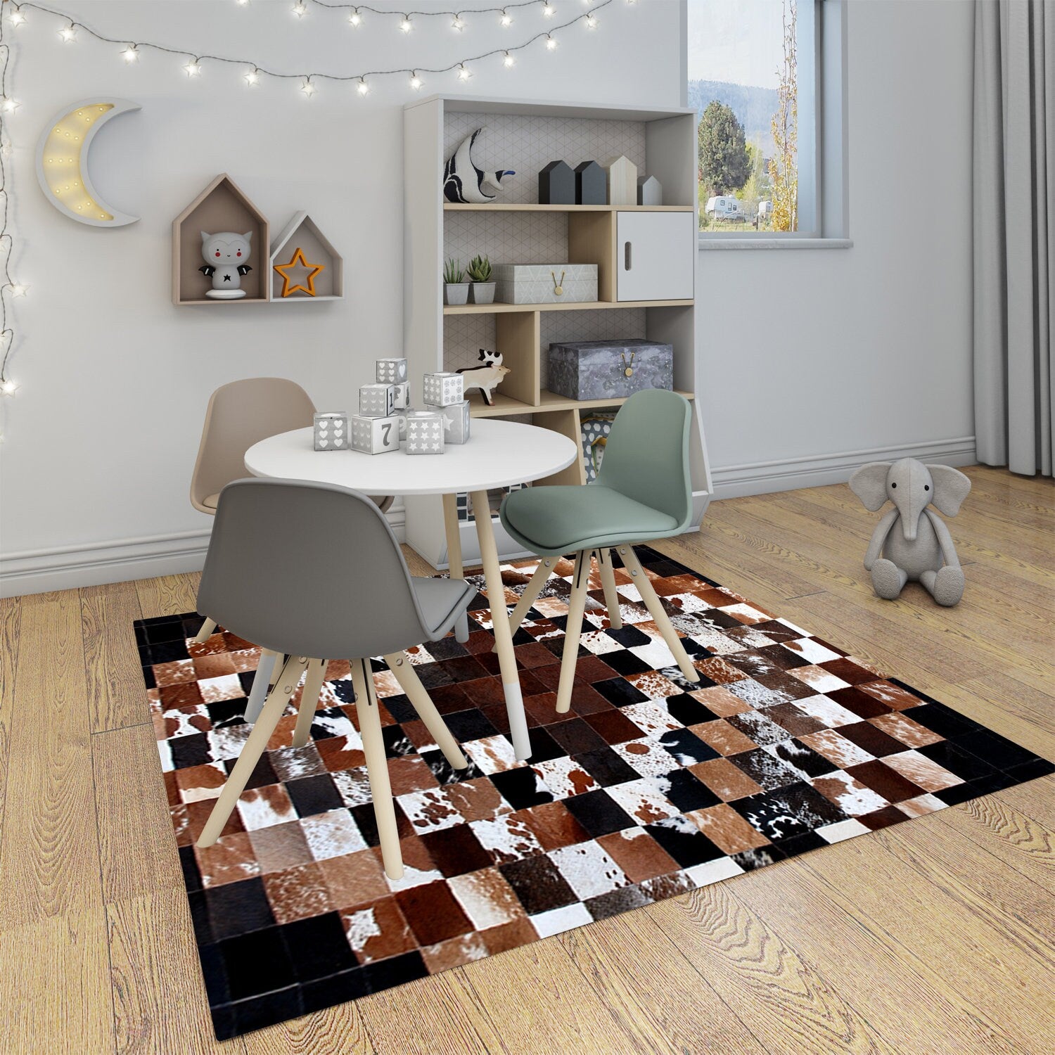 Luxurious Handmade Cowhide Patchwork Rug - Unique Natural Leather Home Décor Accent with Zig Zag Stitching