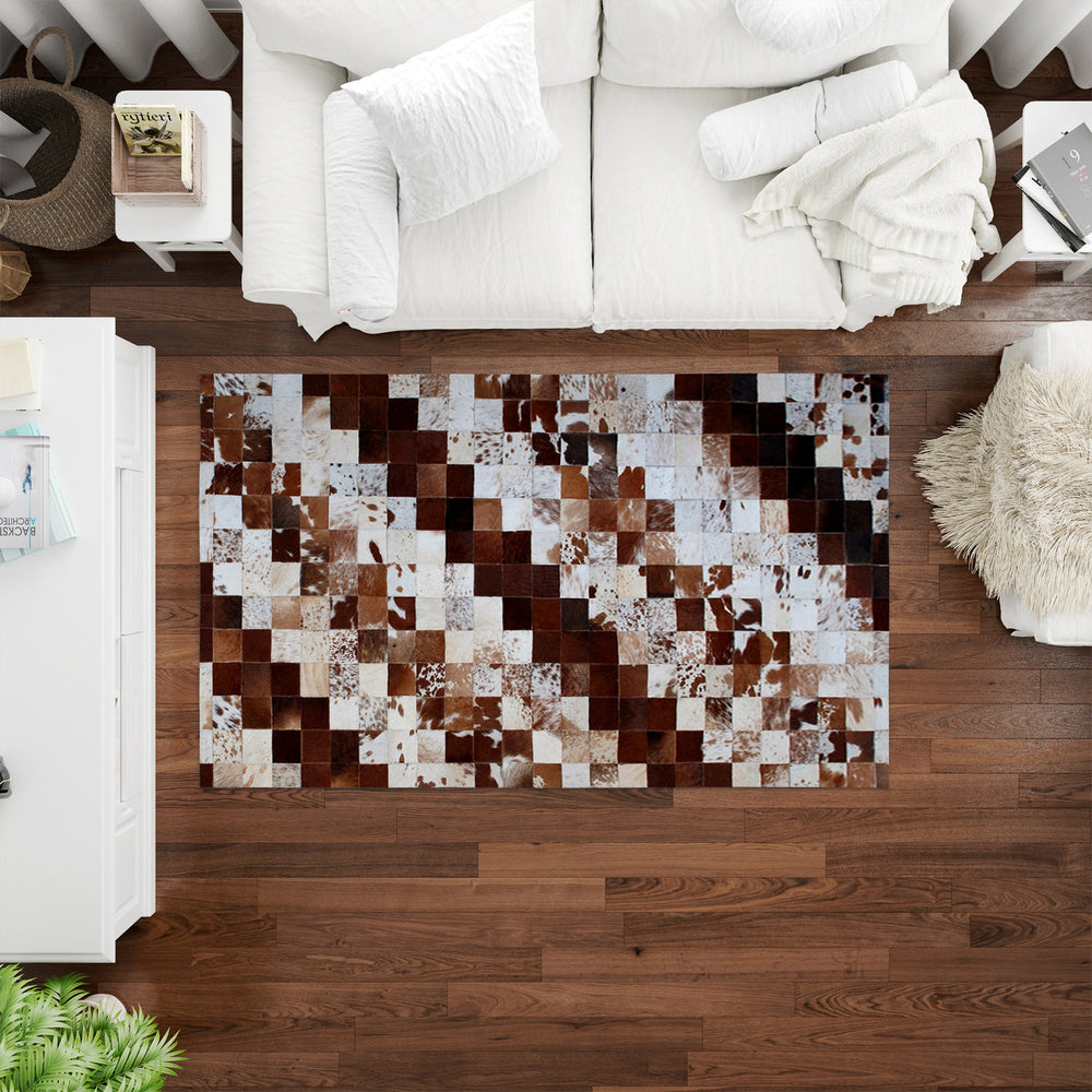 Luxurious Handmade Cowhide Patchwork Rug - Unique Home Décor Accent with Genuine Leather for Living Room or Bedroom - Custom Sizes - Celestial Leather Limited
