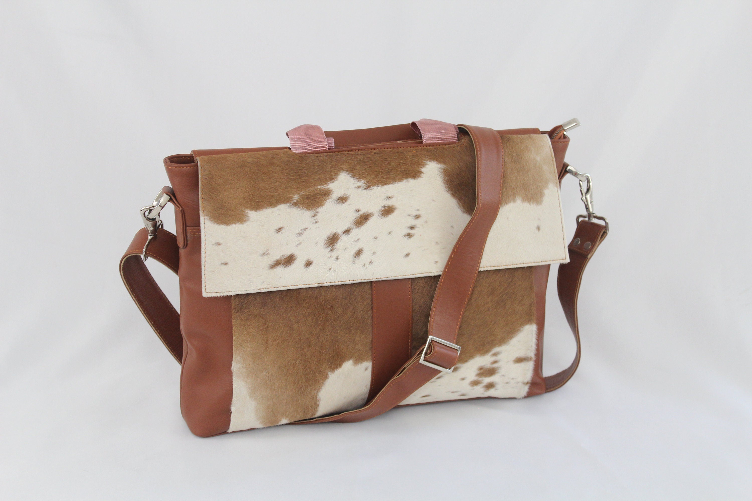 Stylish Cowhide Hair On Laptop Bag Messenger Bag with Unique Animal Print & Sustainable Materials - DSC-0756 - Celestial Leather Limited