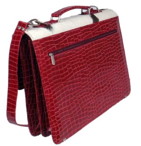 Stylish Red Crocodile Pattern Cowhide Laptop Bag with Matching Strap - Handcrafted Unique Design for Women in Multi-Colour - Button Closure - Celestial Leather Limited