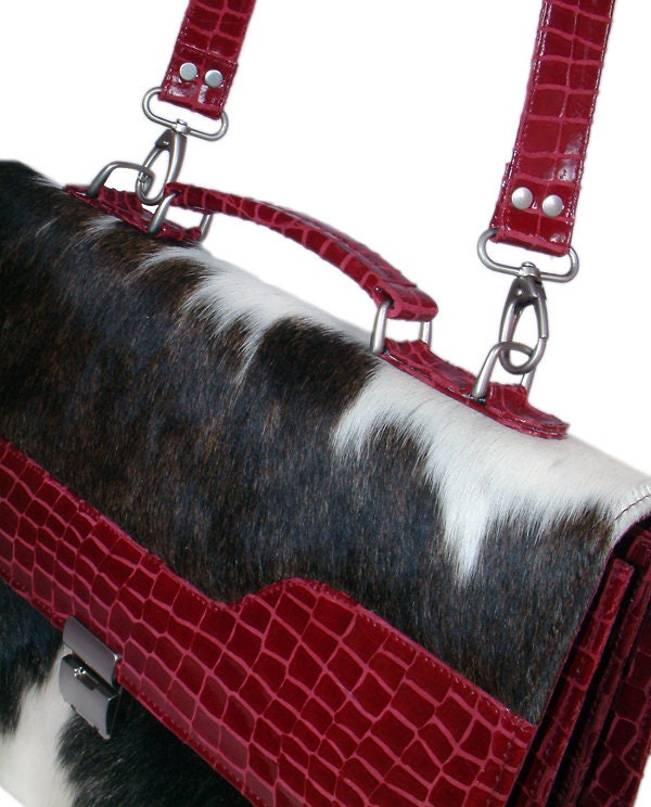 Stylish Red Crocodile Pattern Cowhide Laptop Bag with Matching Strap - Handcrafted Unique Design for Women in Multi-Colour - Button Closure - Celestial Leather Limited