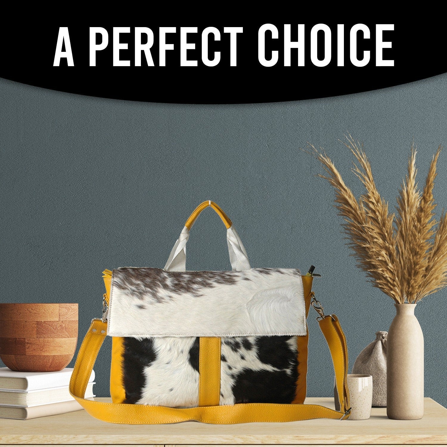 Luxury Cowhide Laptop Briefcase with Yellow Straps & Natural Fur - Stylish and Sustainable Business Bag for Unisex, Messenger Style