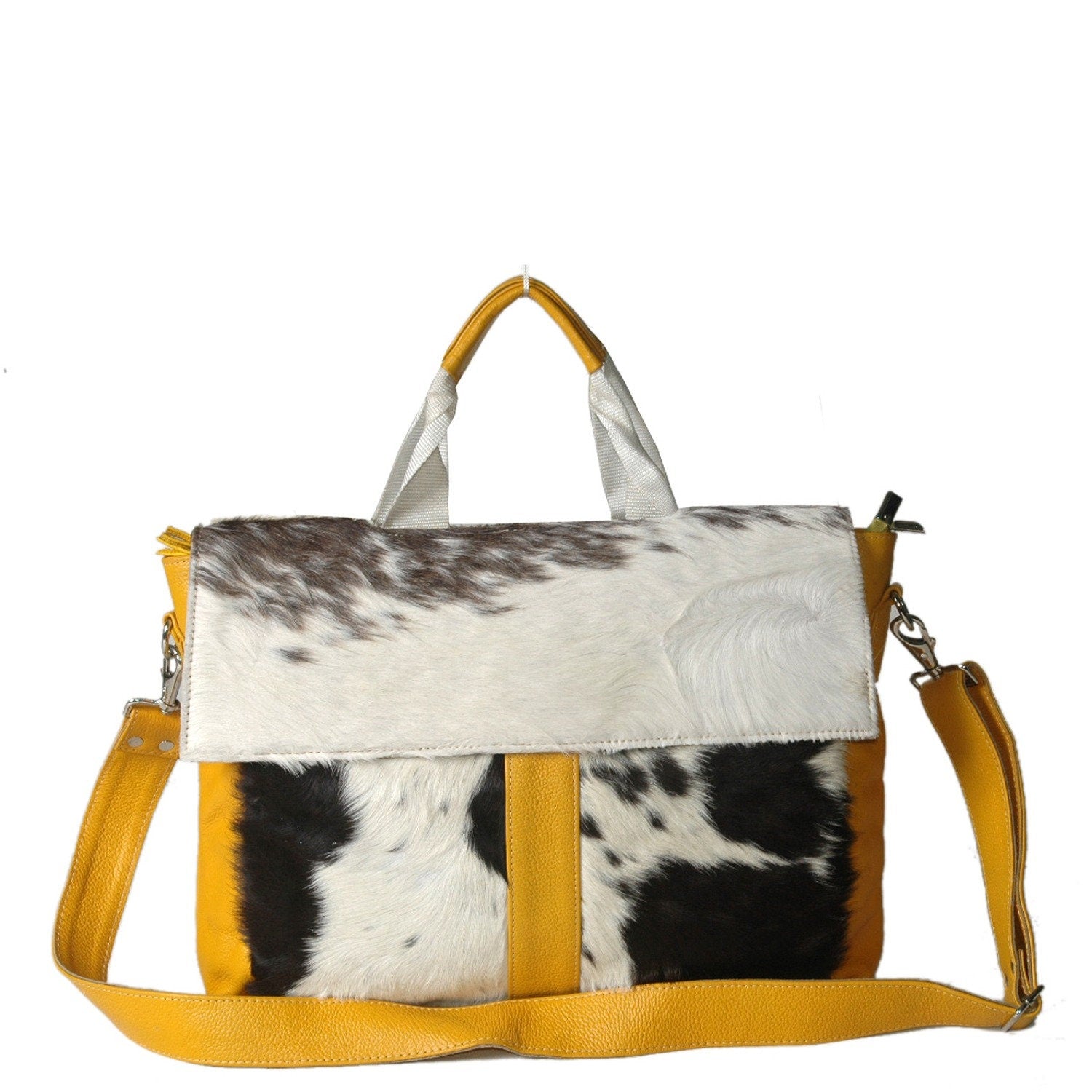 Luxury Cowhide Laptop Briefcase with Yellow Straps & Natural Fur - Stylish and Sustainable Business Bag for Unisex, Messenger Style