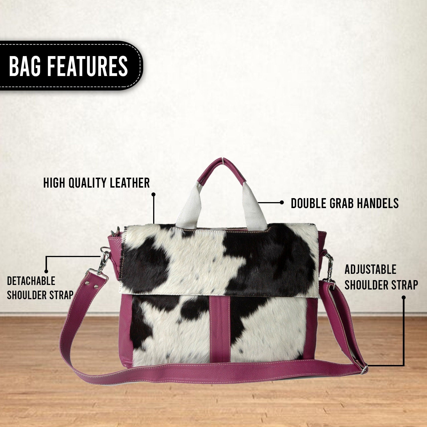 Stylish Cowhide Leather Laptop Bag with Animal Print & Natural Fur - Handcrafted Unisex Messenger Bag for Business - Travel