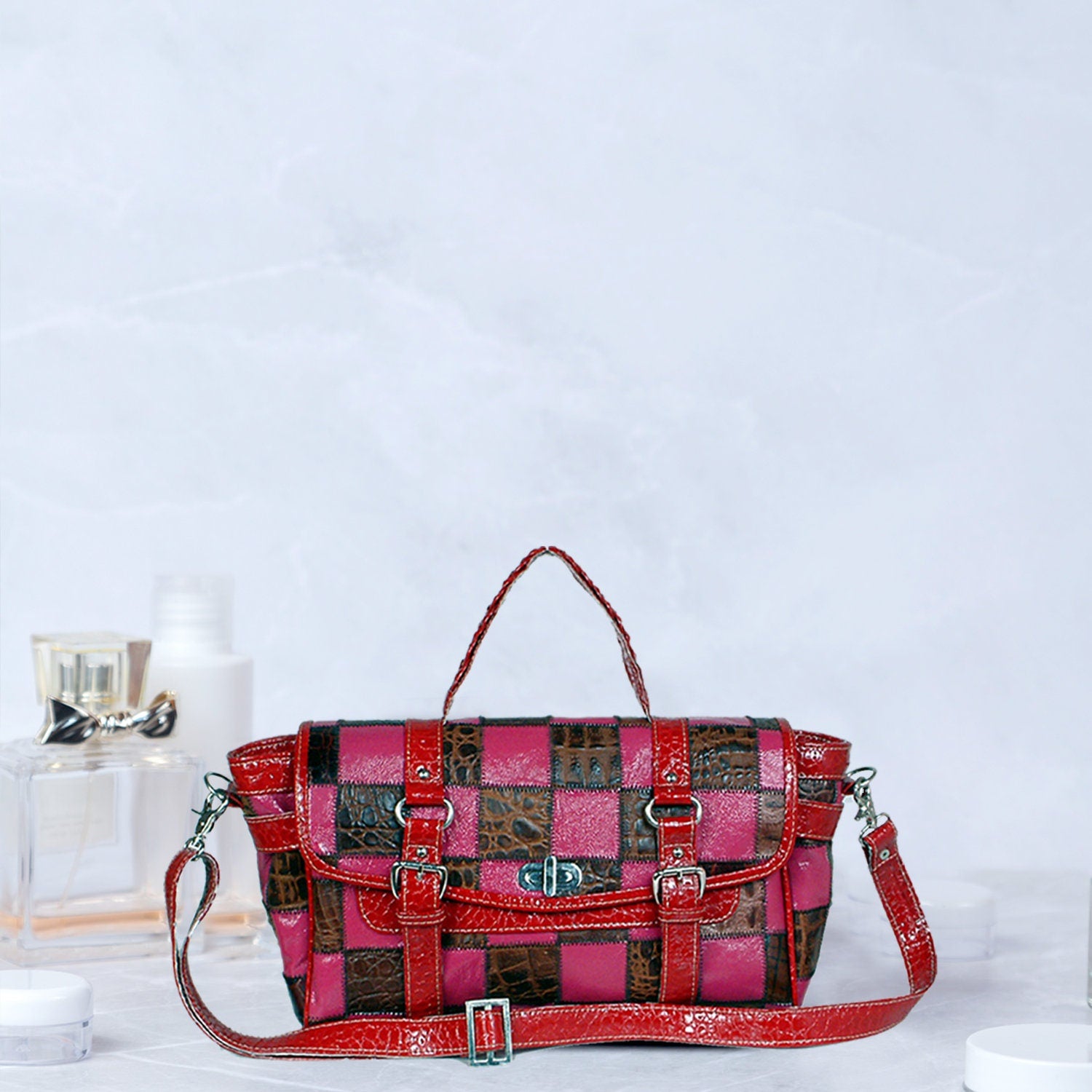 Gorgeous Handcrafted Multi-Colour Leather Shoulder Bag with Crocodile Print and Distressed Detailing