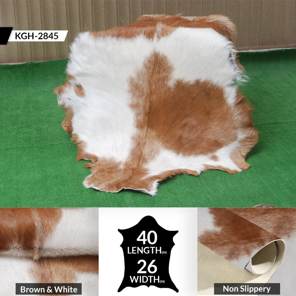 Luxury Brown and White Natural Goat Skin Rug with Modern Graphic Pattern for Stylish Wall Décor - Hypoallergenic and Non-Shedding, - Celestial Leather Limited