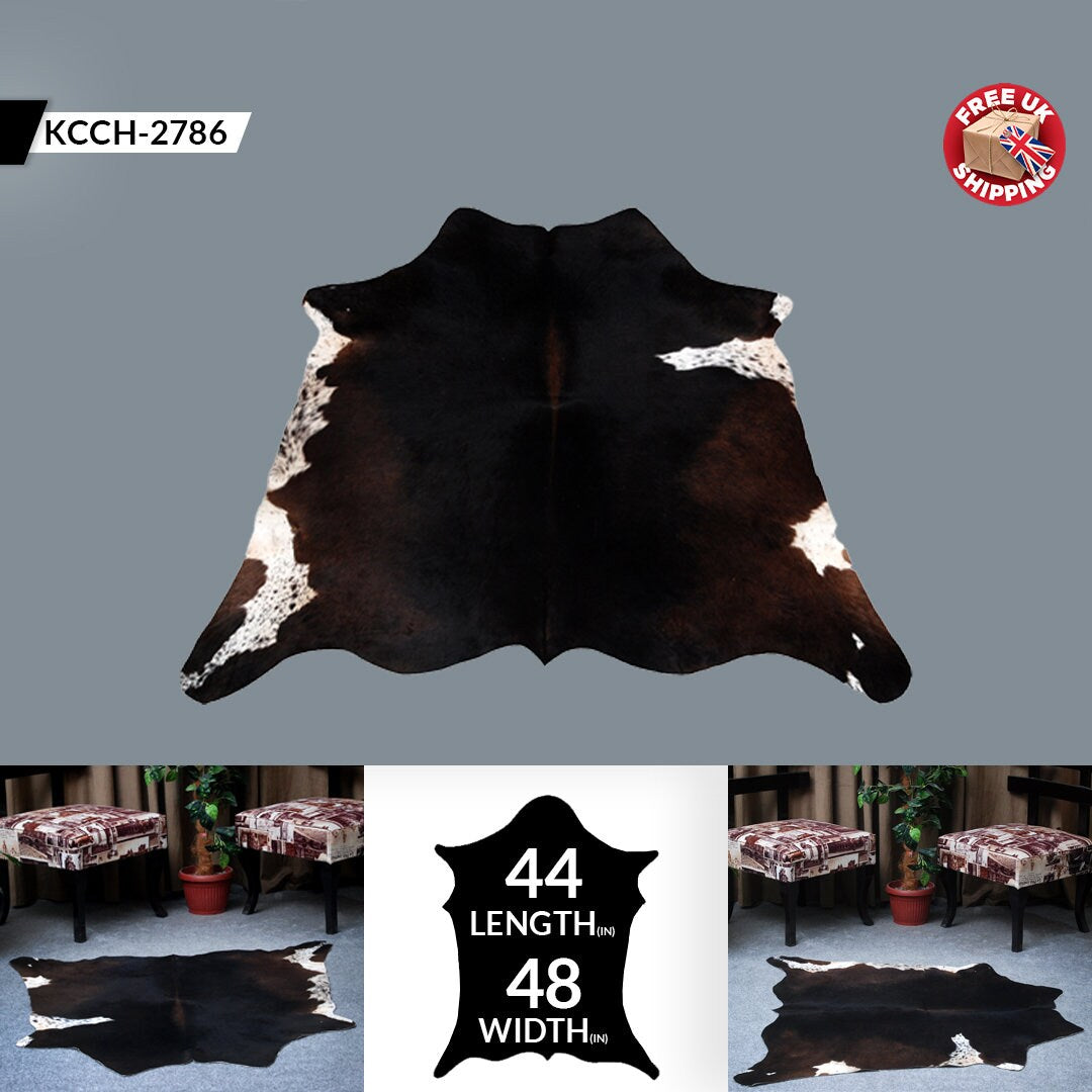 Luxurious Natural Dark Brown and White Cowhide Rug with Small Animal Print - Hypoallergenic, Non-Slip Suede Back, Non-Shedding - Handcrafted - Celestial Leather Limited