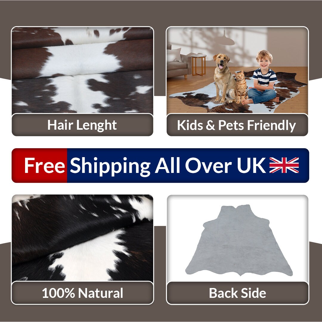 Luxurious Dark Brown Cowhide Rug with Small Animal Pattern - Handcrafted, Hypoallergenic & Non-Slip Suede Back - Free UK Shipping included