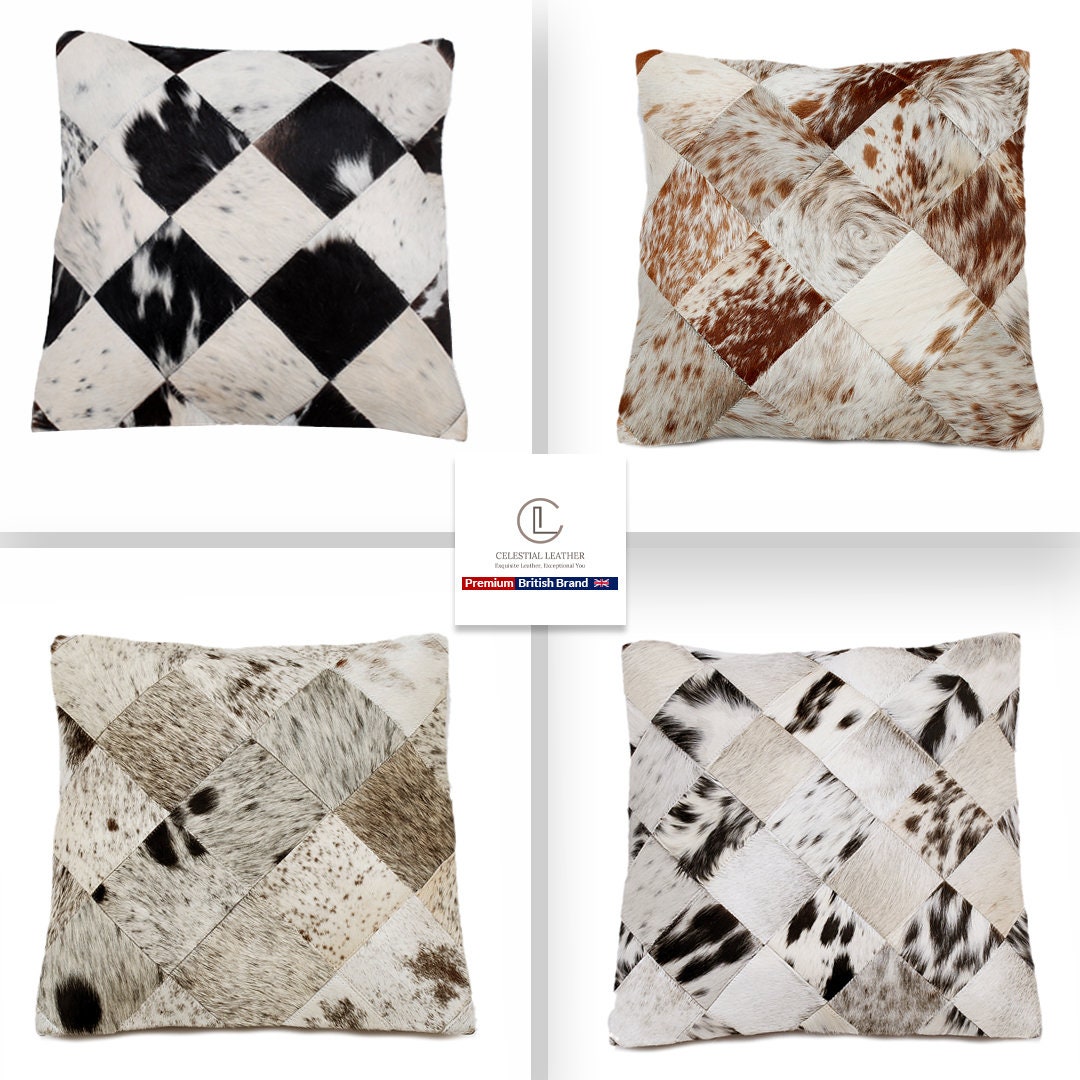 Handmade Multicolor Cowhide Patchwork Throw Pillow Cover - 100% Natural Hair on Leather with Unique Patterns in Tan, Cream, Brown, Black,